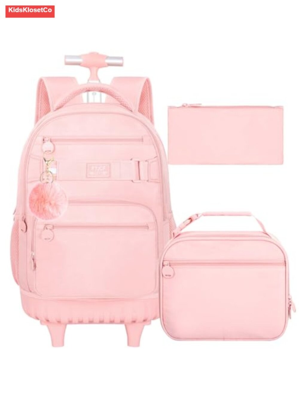 3PC Rolling Backpack Set Water Resistant Polyester Wheeled Bookbag with Lunch